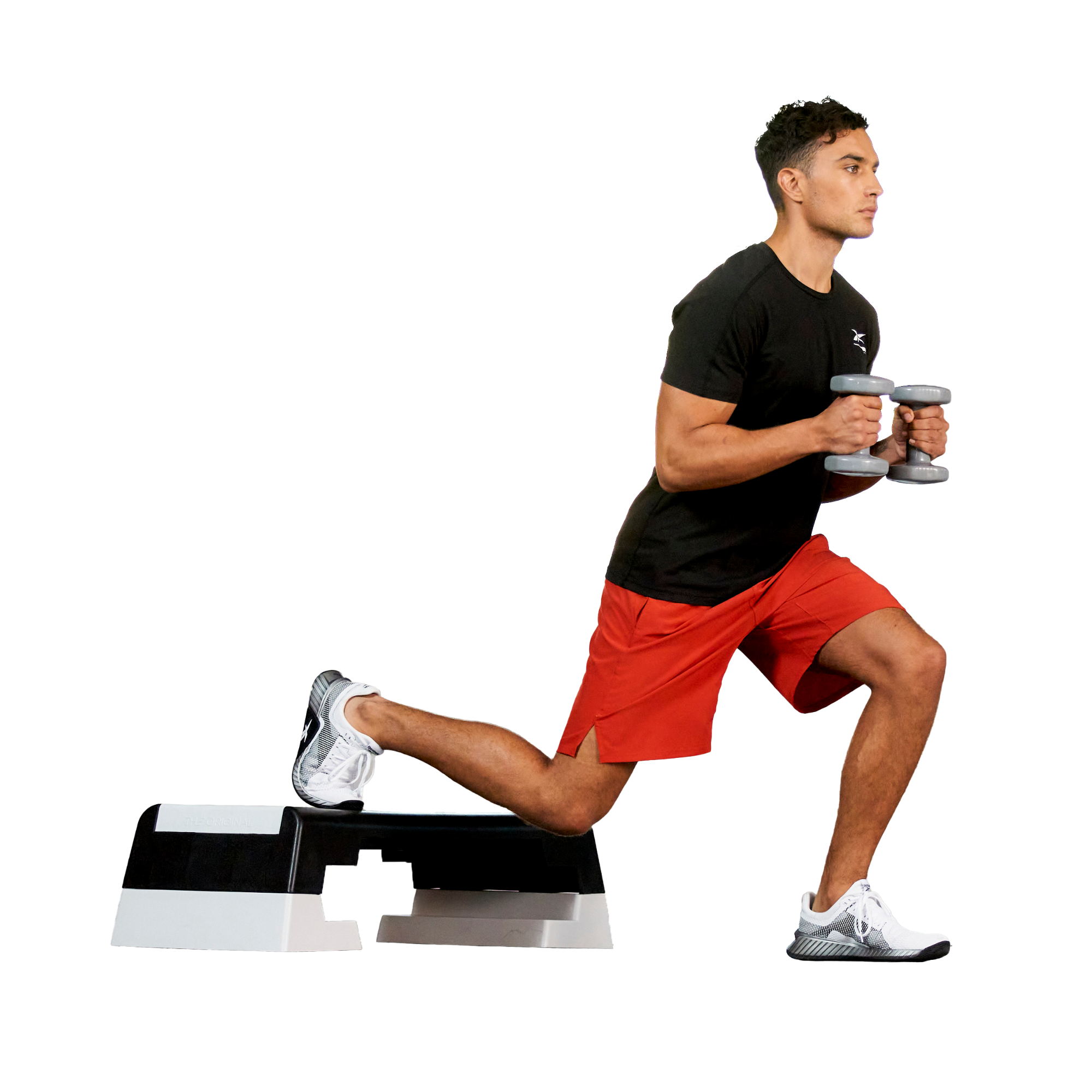 Man exercising with dumbbells on a white background