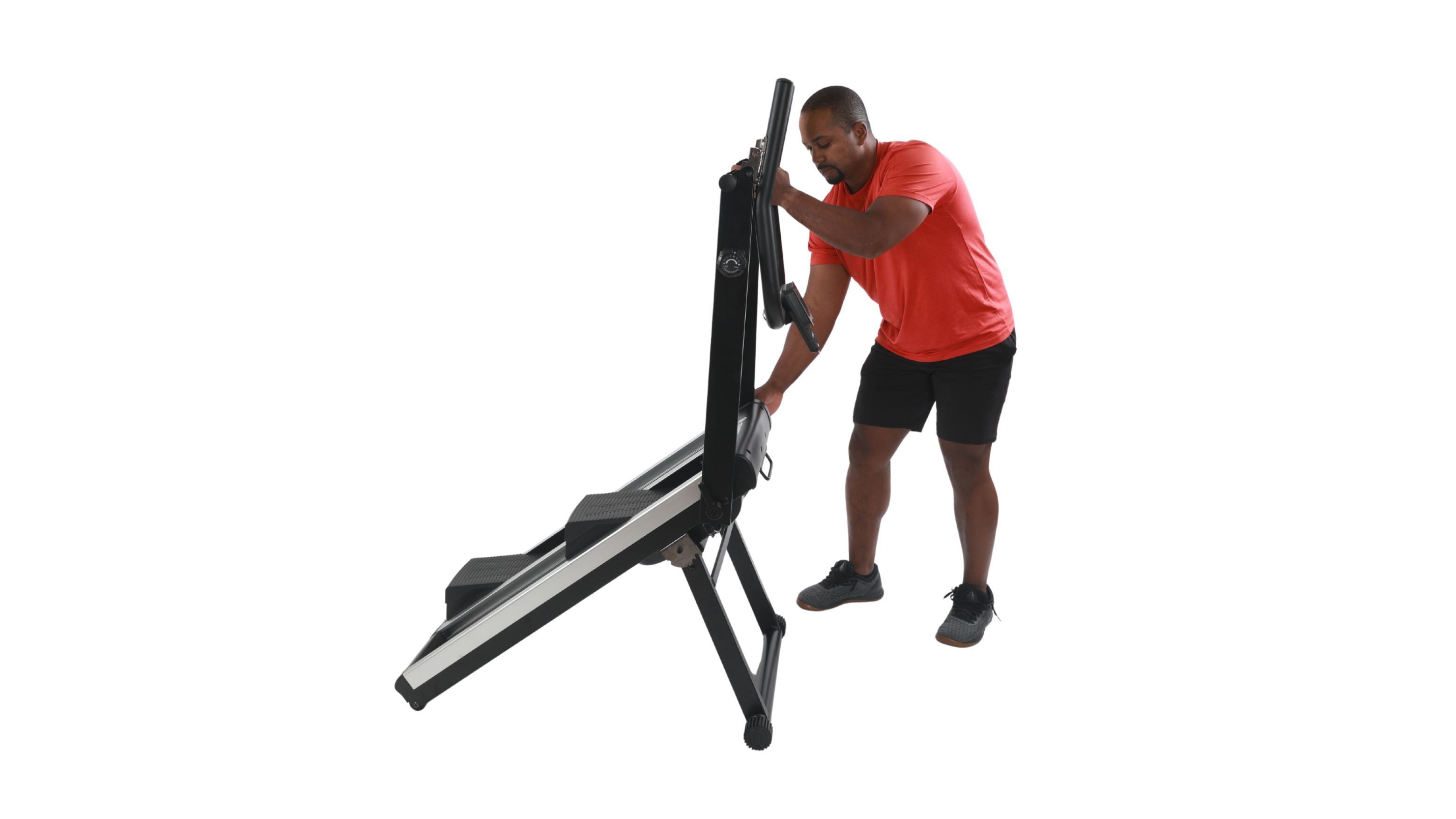 Person adjusting a weight bench on a white background