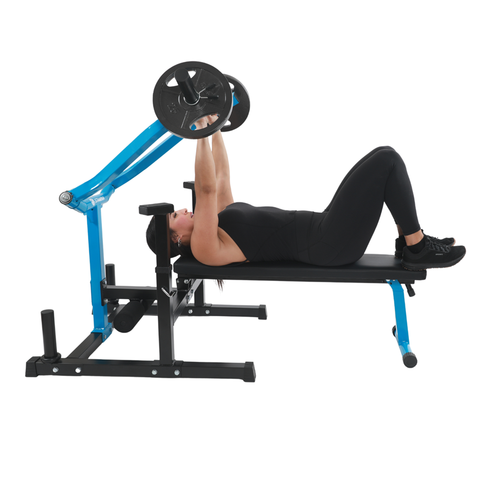 Person using a weight bench with blue frame and black weights on a white background