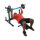 Person performing a bench press with a weight bar on a white background