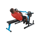Person using a weight bench with weights on a white background