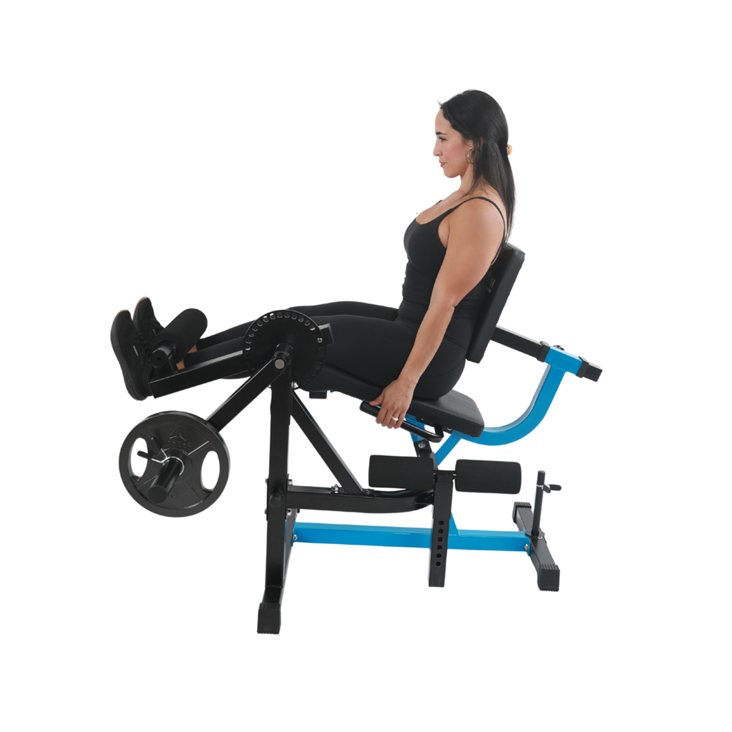 Woman using a leg extension machine on a white background Stamina Leg Extension & Curl Machine