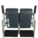 A dual-pad leg extension or leg curl exercise machine with dark gray padded backrests and footrests, a light gray metal frame, and black handle grips, shown against a plain white background. The brand name 'inLINE' is printed vertically in white on the left pad.