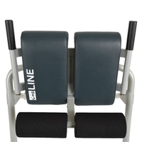A dual-pad leg extension or leg curl exercise machine with dark gray padded backrests and footrests, a light gray metal frame, and black handle grips, shown against a plain white background. The brand name 'inLINE' is printed vertically in white on the left pad.