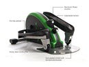 Green and black exercise stepper with labeled features on a white background