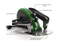 Green and black exercise stepper with labeled features on a white background