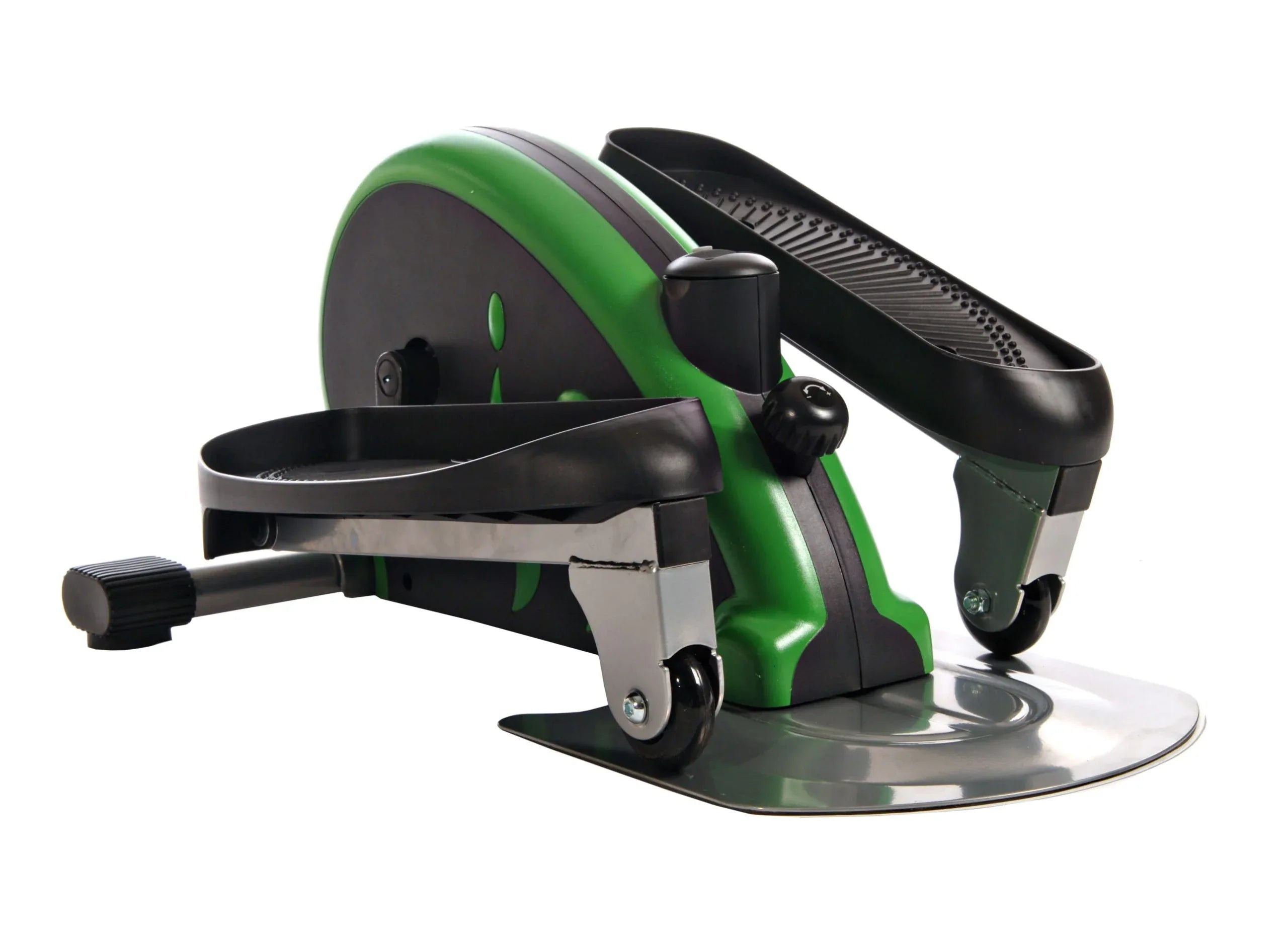 Green and black exercise stepper on a white background