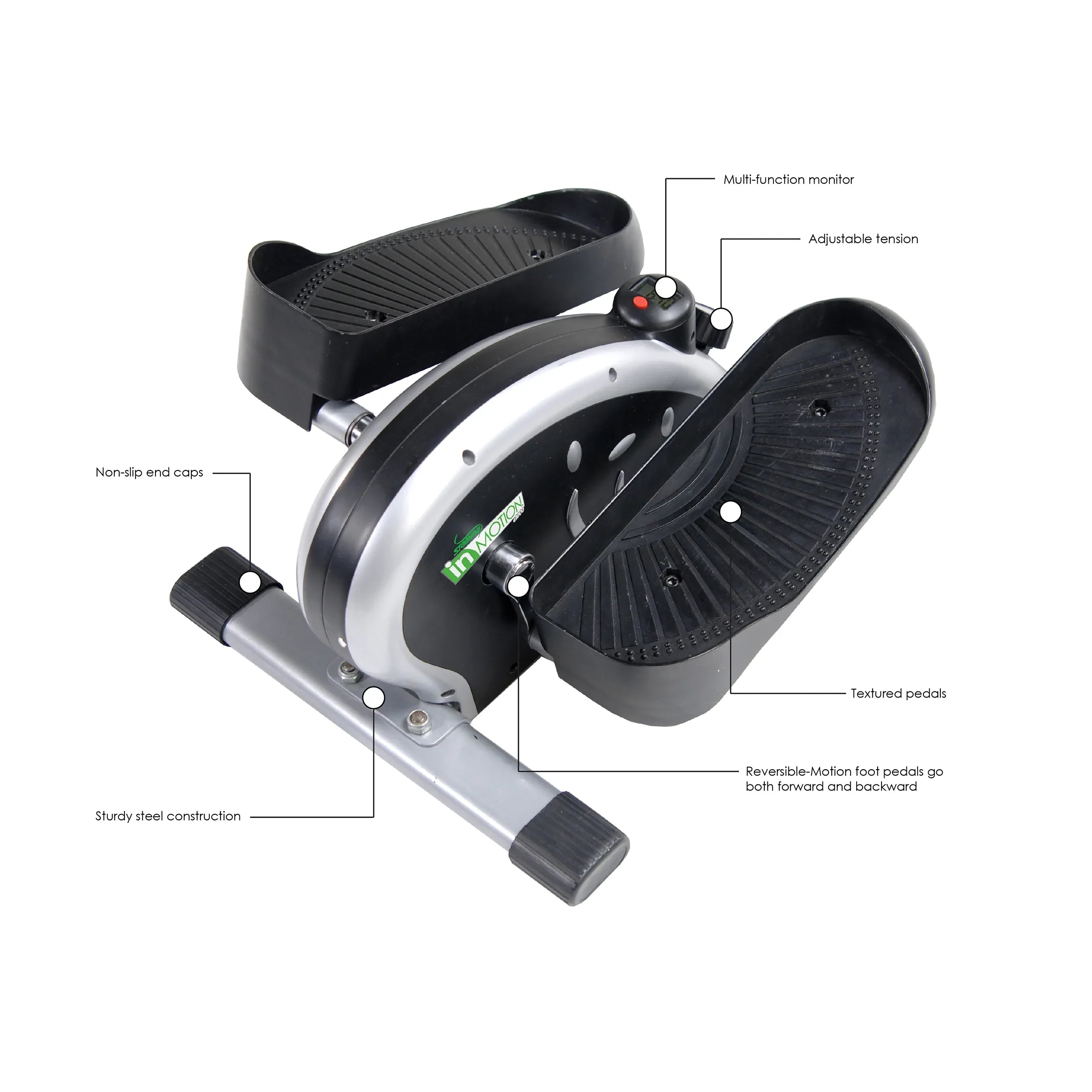 Exerciser with labeled features on a white background