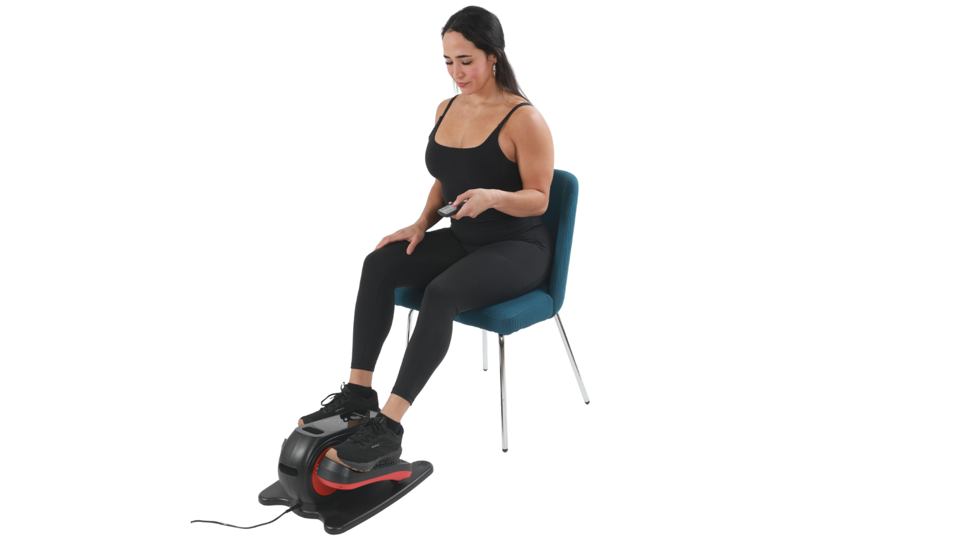 Woman using a seated elliptical machine on a chair with a white background