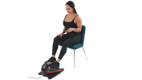 Woman using a seated elliptical machine on a chair with a white background