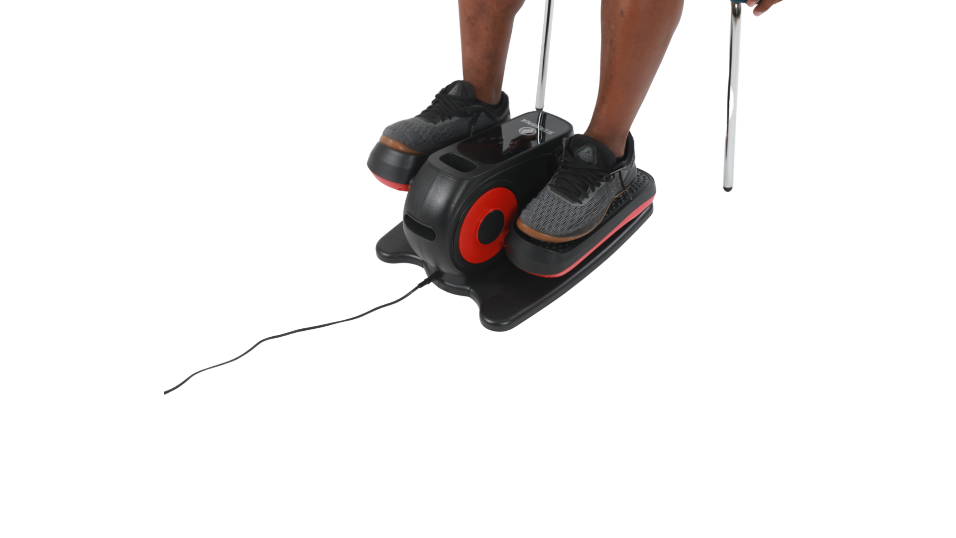 Person using a step machine on a white background