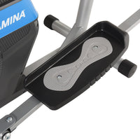 Close-up of a foot pad on an elliptical machine with 'stamina products' branding.