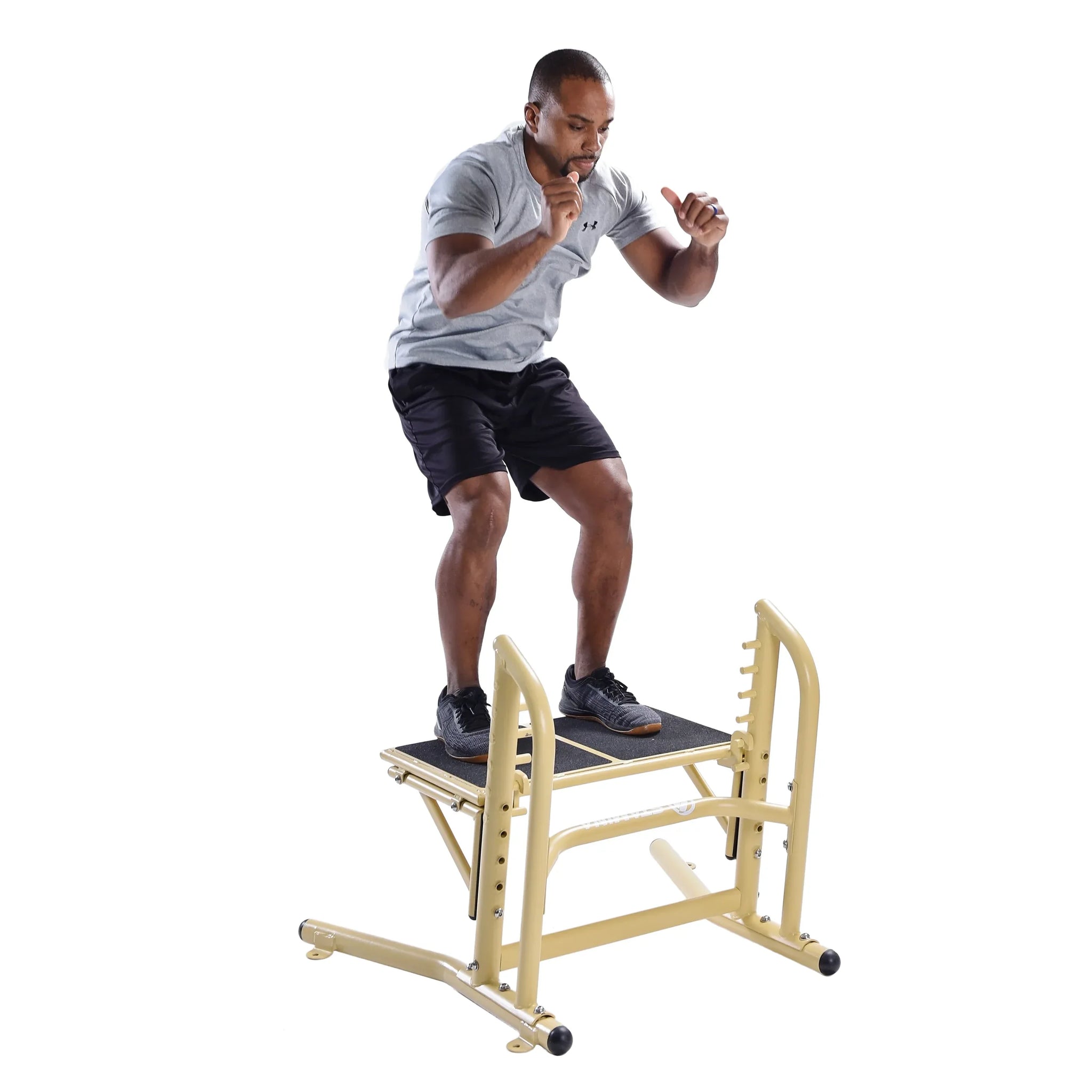 Man using a outdoor training equipment on a white background