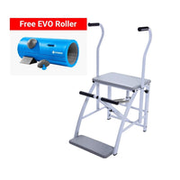 A white and gray step ladder with black handlebar grips, shown on a white background with a red promotional banner reading 'Free EVO Roller' and an inset image of a blue EVO roller.