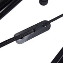 Close-up of a black metal clip attached to a black cord on a white background