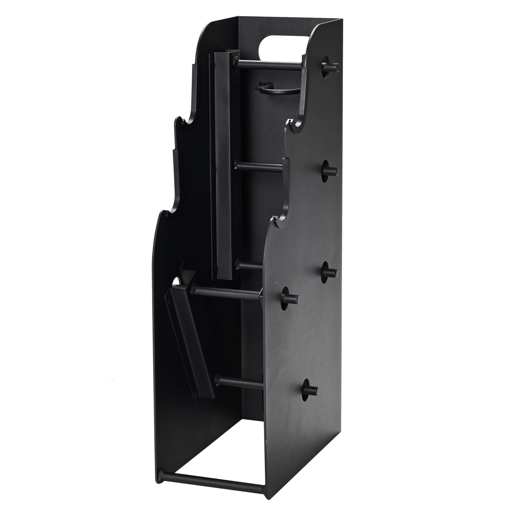 Black storage kit for weights on a white background