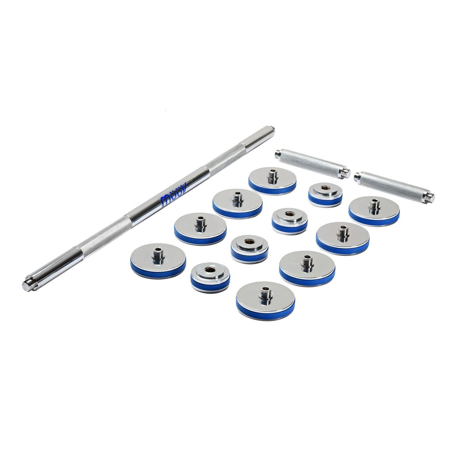 Two metal rods with circular disc attachments on a white background