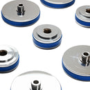 Metallic components with blue rubber seals on a white background