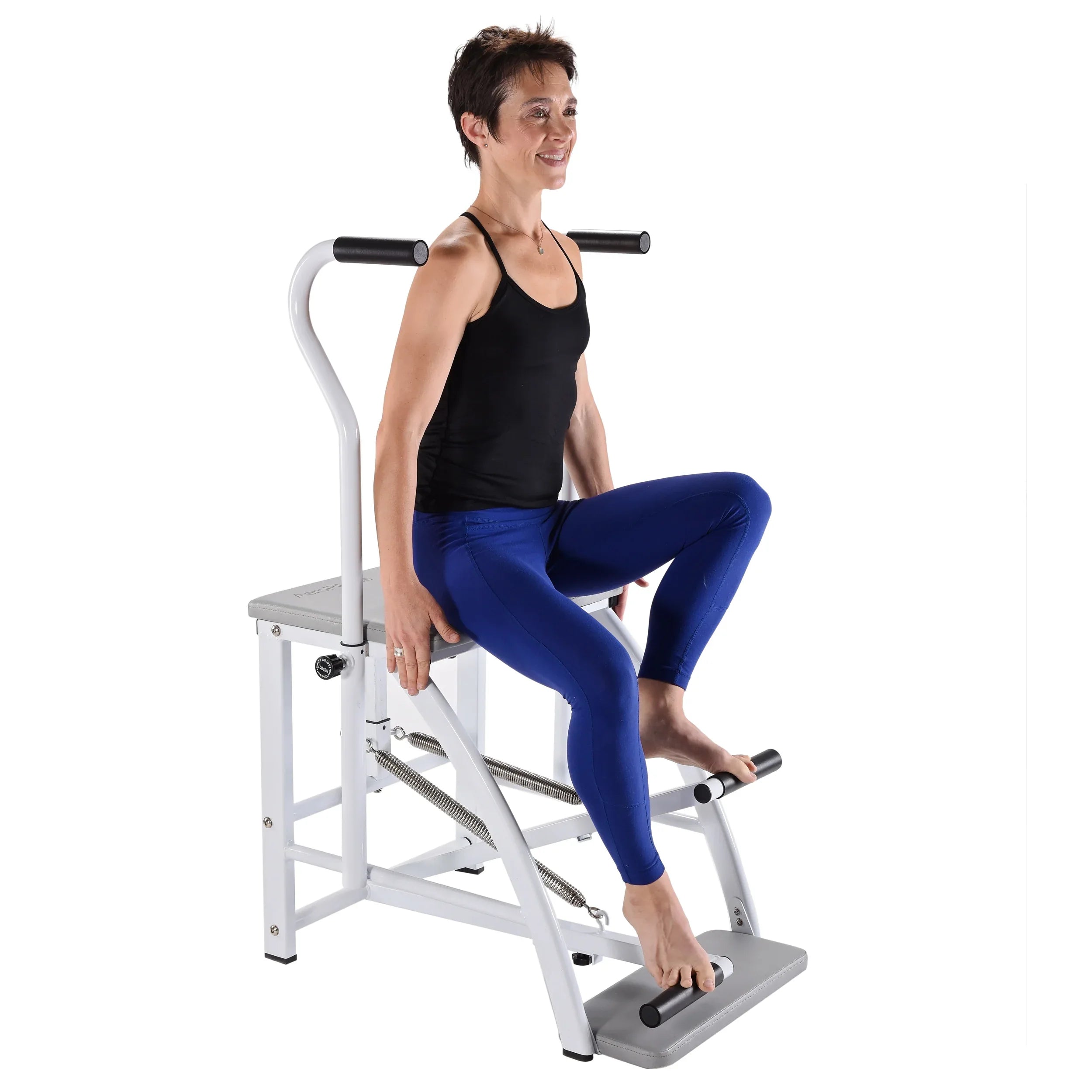 Woman using a low impact strength training equipment on a white background