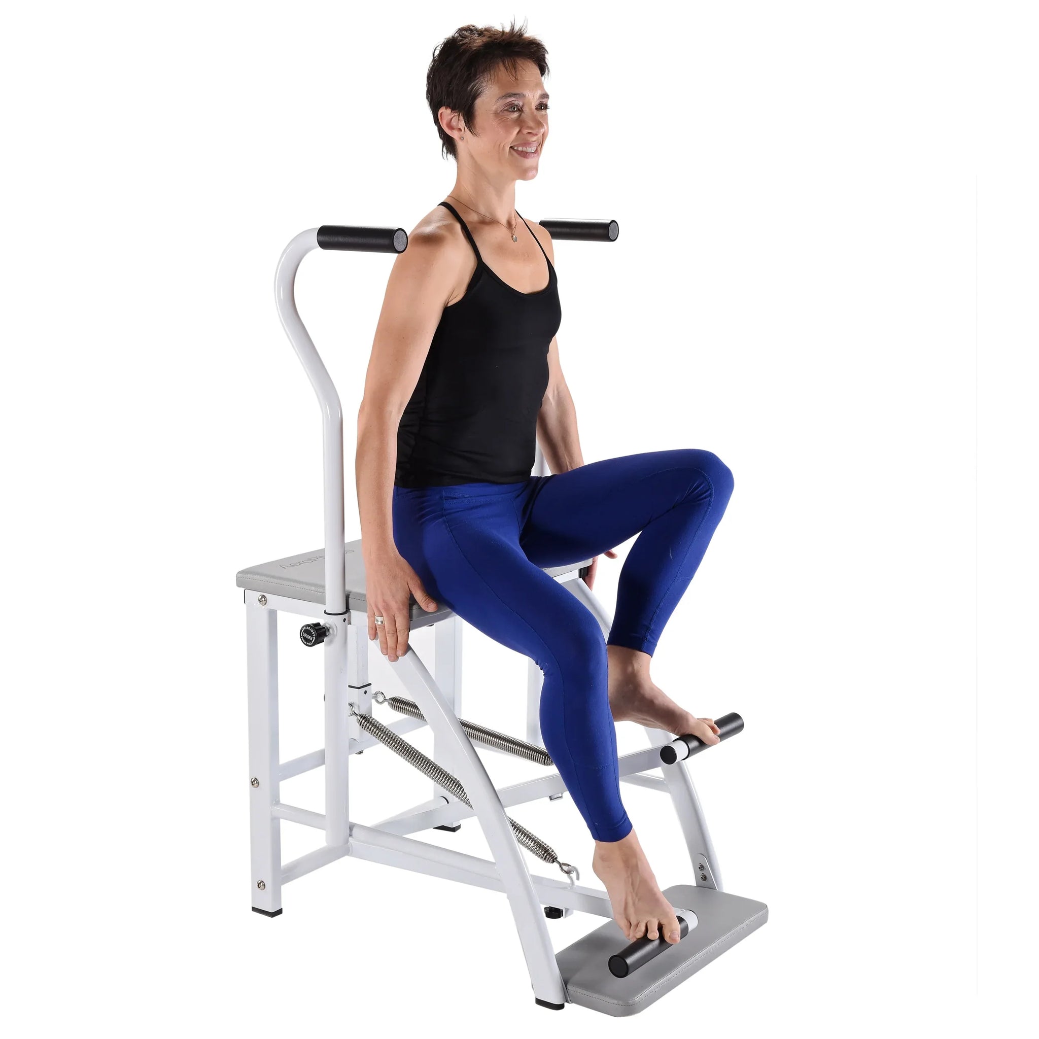 Woman using a low impact strength training equipment on a white background