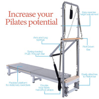 Pilates reformer machine with features highlighted on a white background