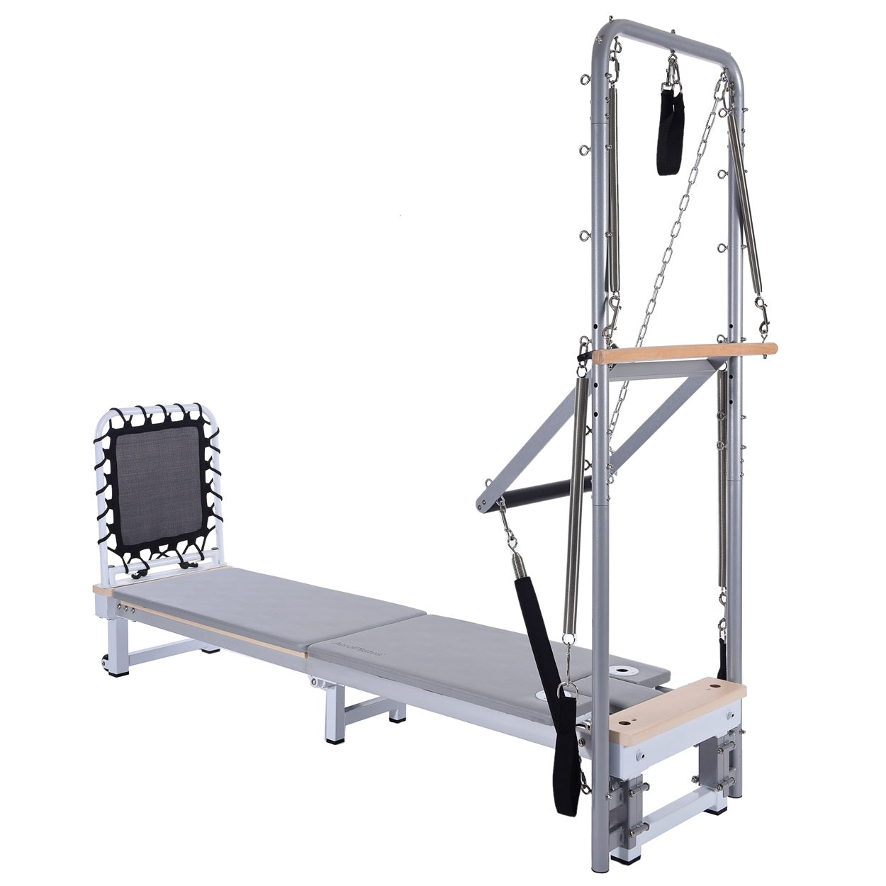 Pilates reformer machine with attachments on a white background