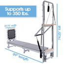 Pilates reformer machine with dimensions and weight capacity on a white background