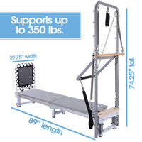 Pilates reformer machine with dimensions and weight capacity on a white background