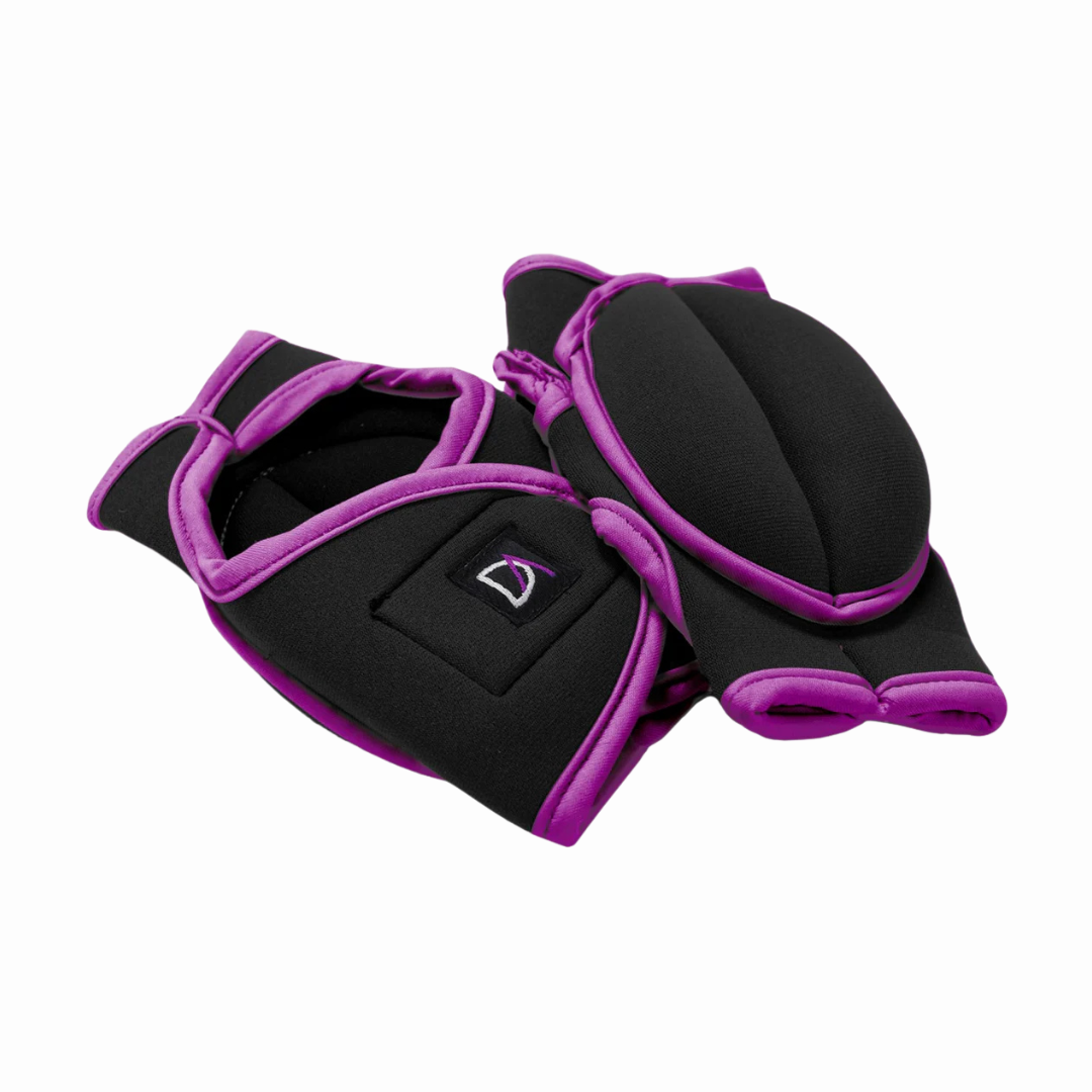 Black and purple wrist guards with a logo on a white background Denise Austin