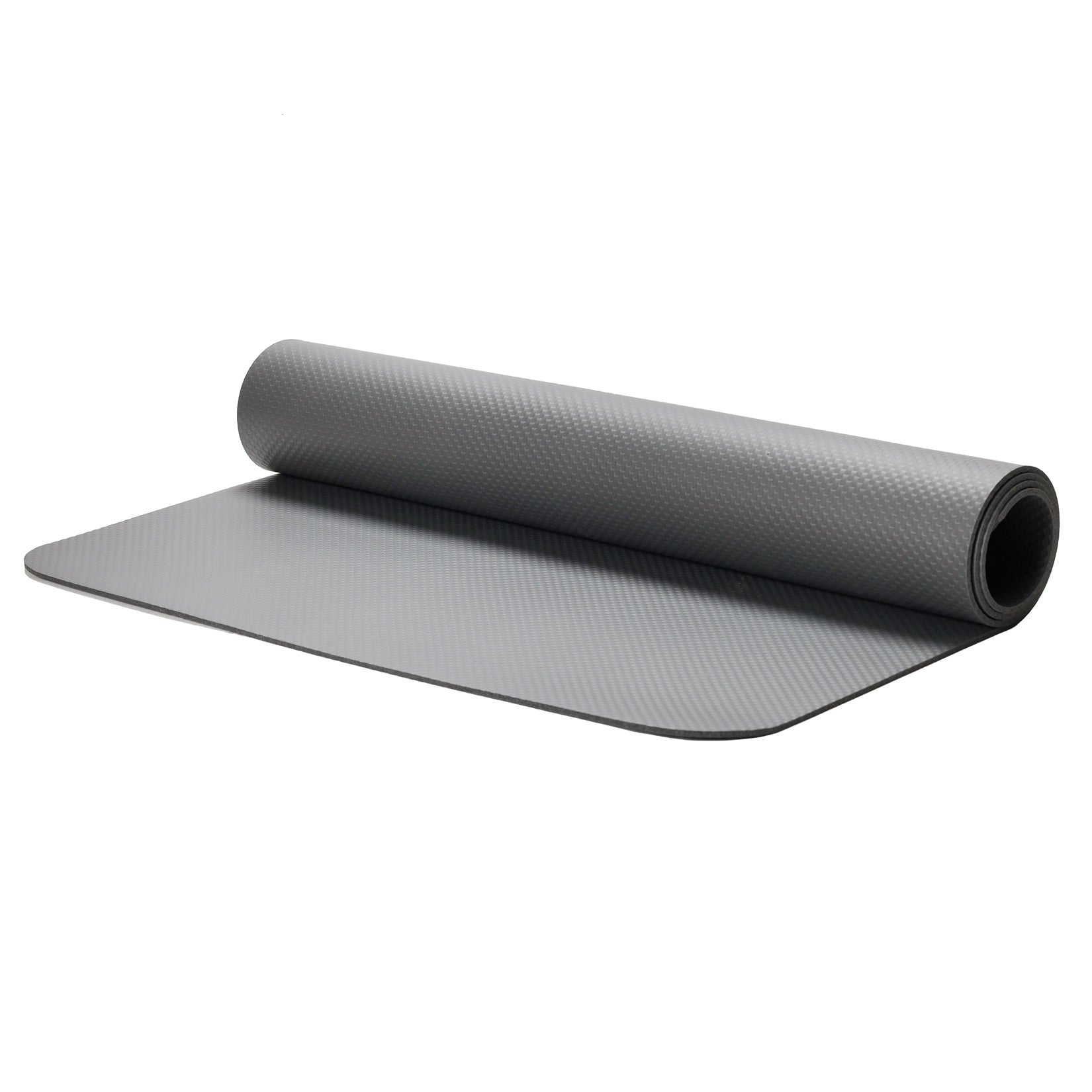 Gray for exercise equipment mat rolled up on a white background
