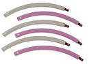 Set of five flexible silicone tubes in gray and pink on a white background