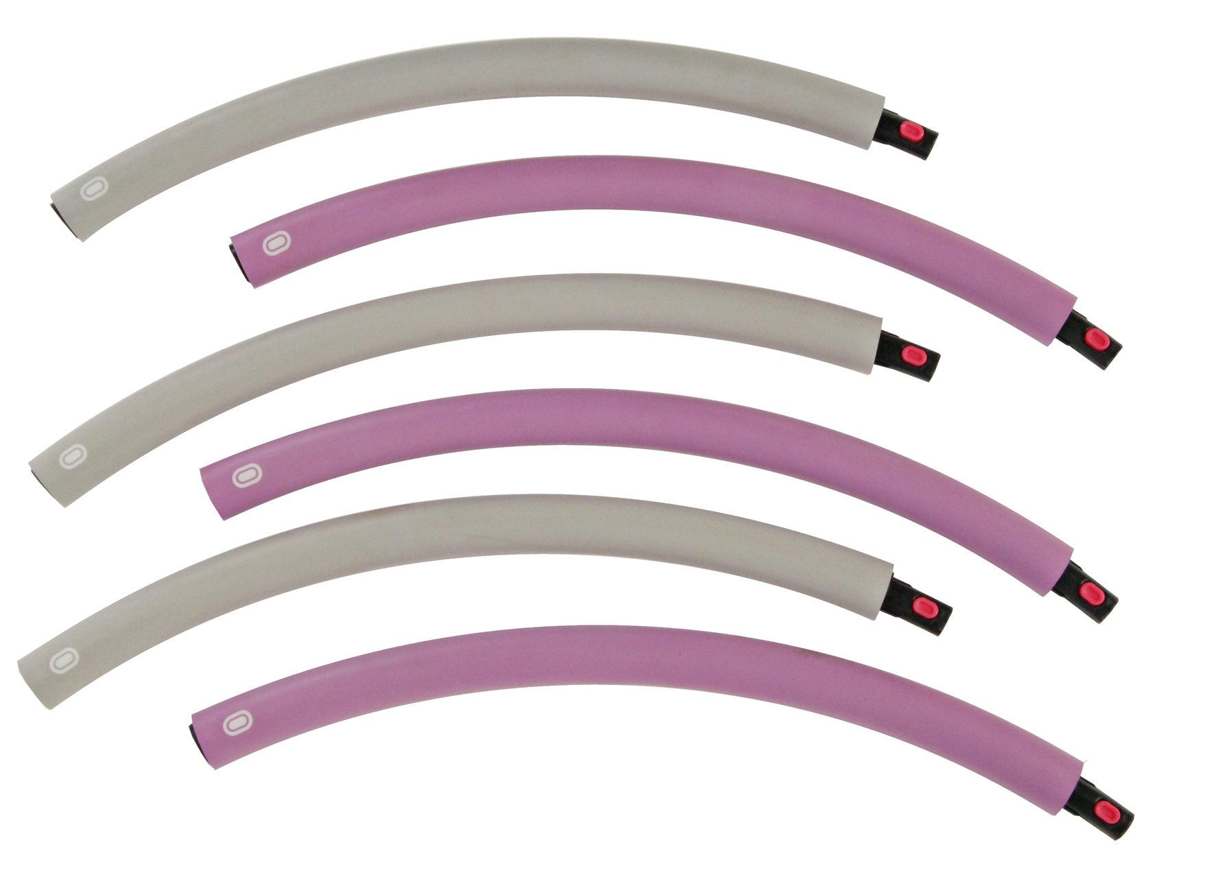 Set of five flexible silicone tubes in gray and pink on a white background
