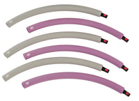 Set of five flexible silicone tubes in gray and pink on a white background