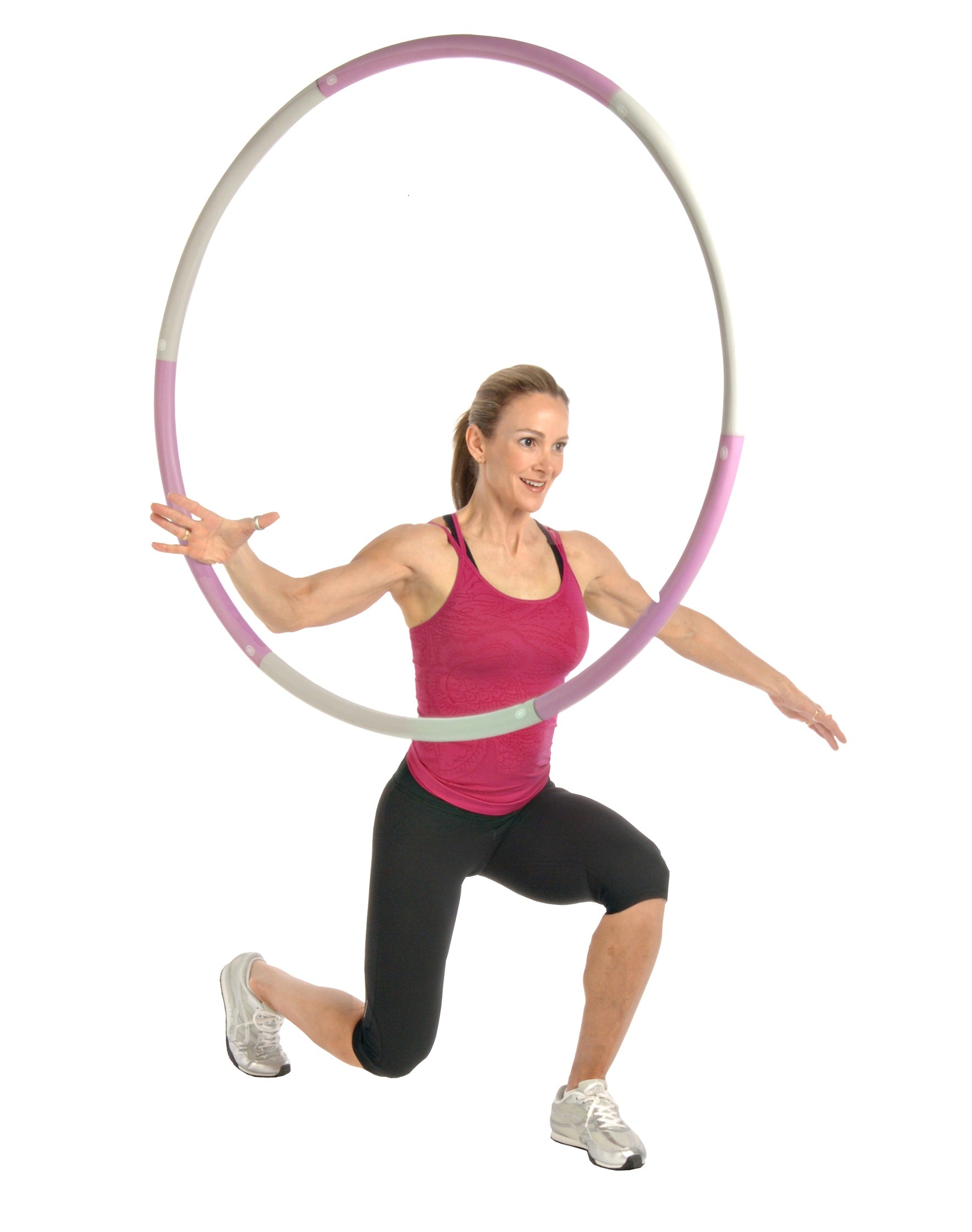 Woman holding a large hoop on a white background