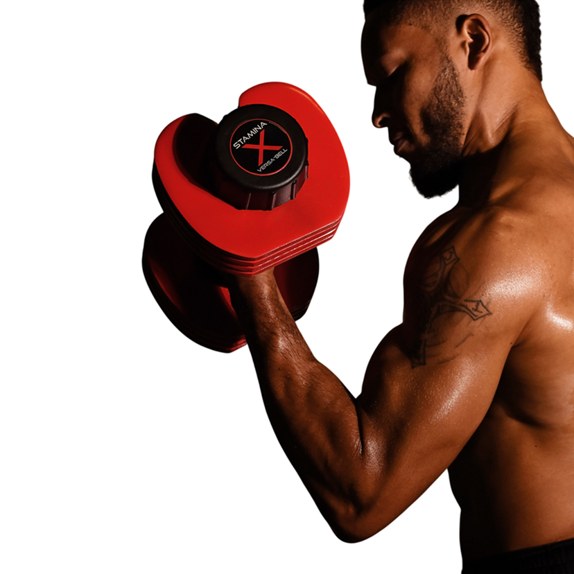 Man lifting a red dumbbell with a brand logo on a white background