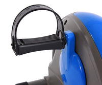 Close-up of a blue and gray exercise bike with a black pedal