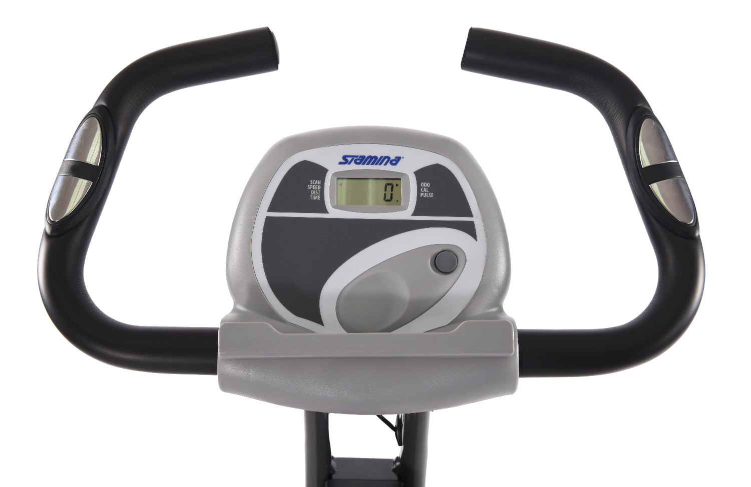 Exercise bike with digital display on a white background