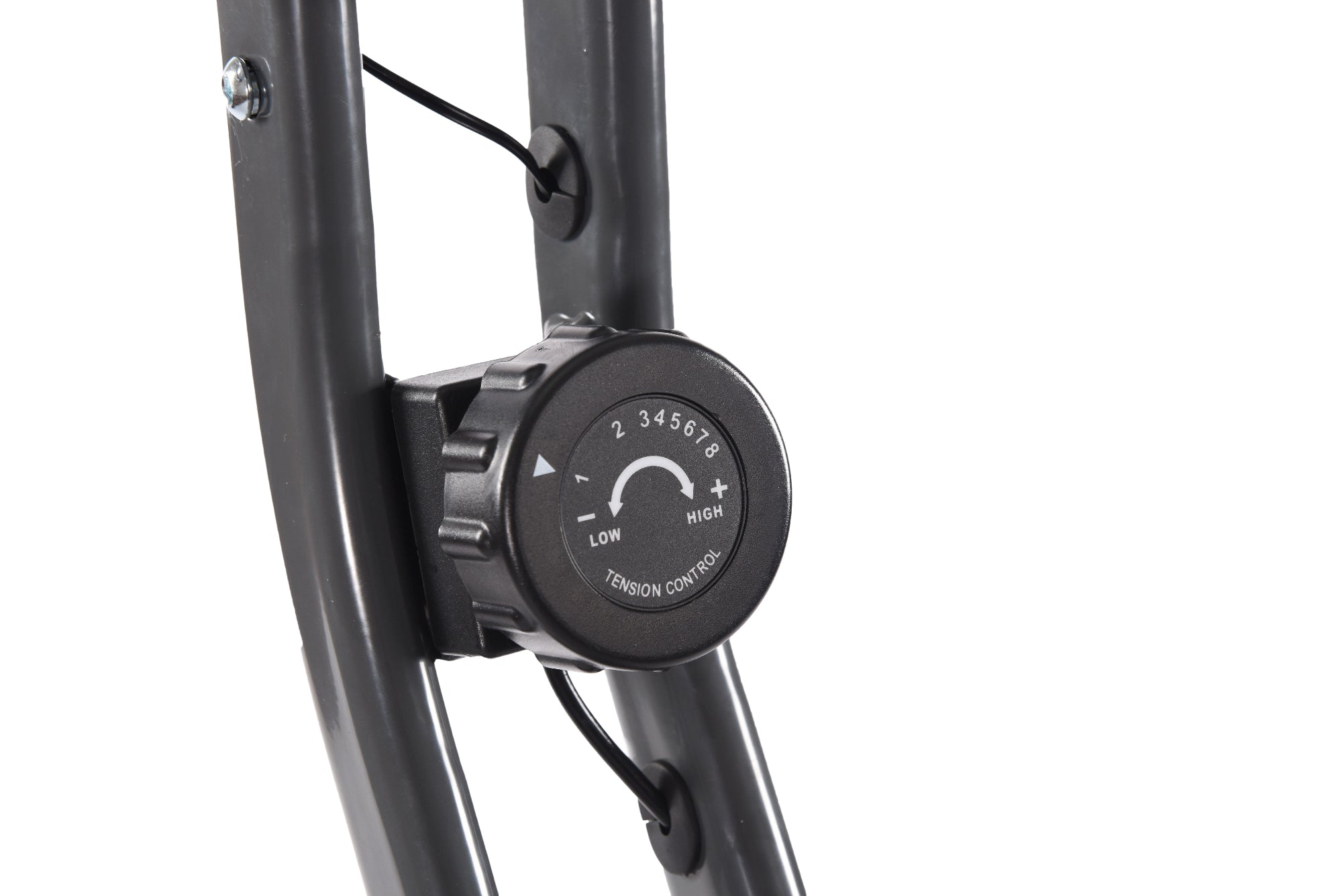 Close-up of a bicycle suspension fork with a dial on a white background