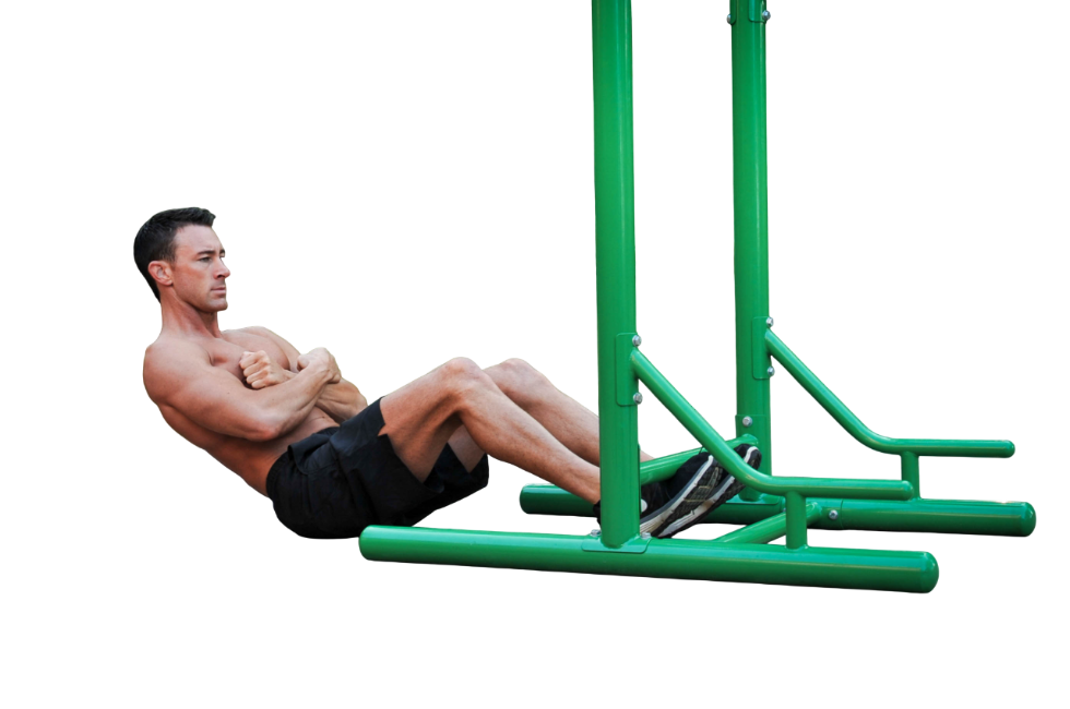 Man using a green backyard gym equipment on a white background