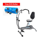 A silver and black stationary exercise bike with a backrest is shown on a white background, with a red banner reading 'Free EVO Roller' and a blue free gift roller displayed in the upper left.