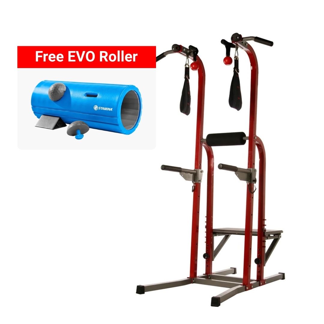 A red and silver pull-up/upper-body gym stand with black handles and grips, shown on a white background with a red banner reading 'Free EVO Roller' and a blue EVO Roller accessory inset.