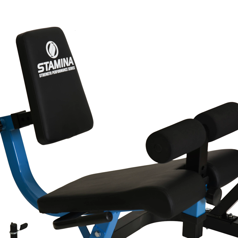Black weight bench with blue arm support on a white background, Stamina Leg Extension and Curl Machine 50-3200 for home strength training and lower body workouts