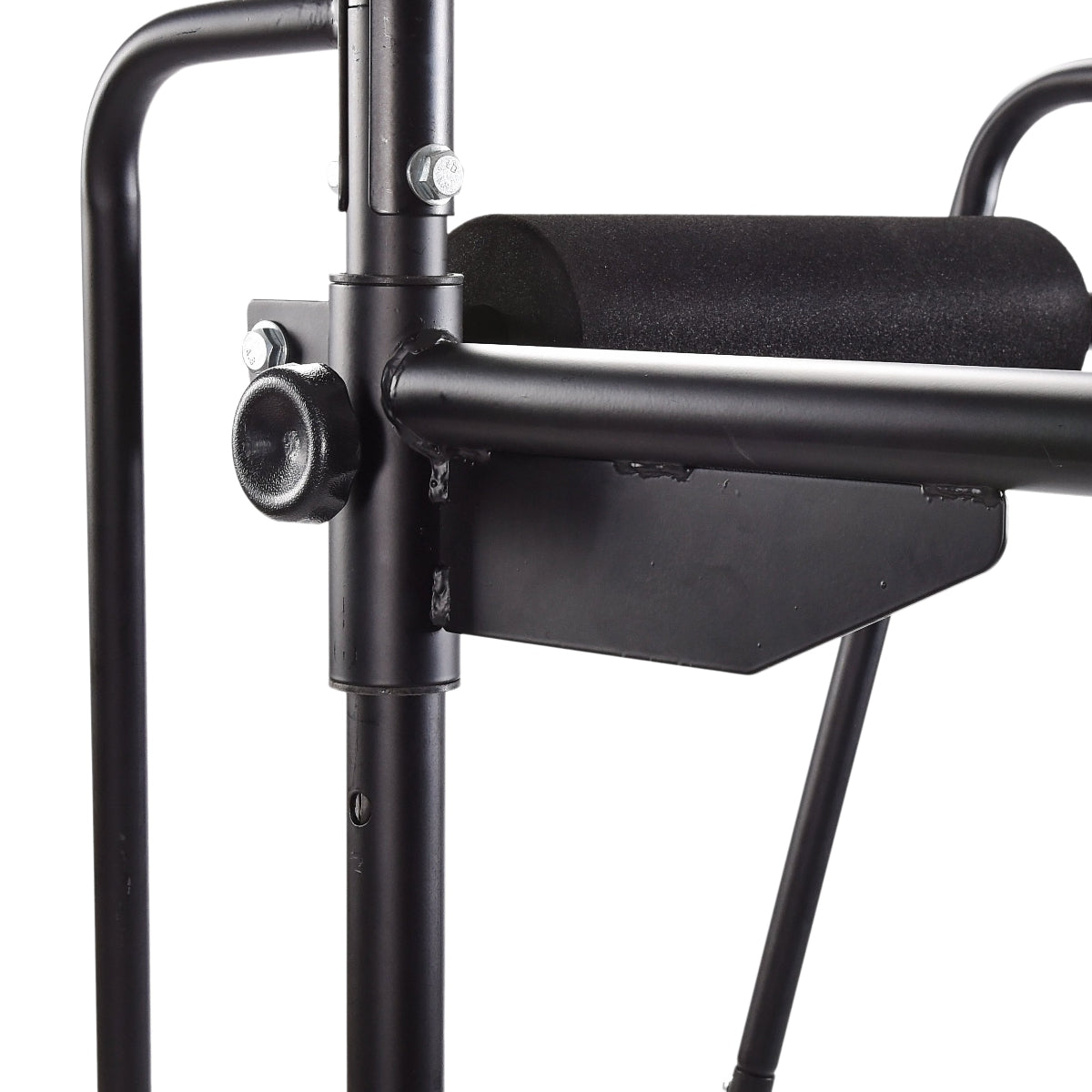 Close-up of a black Stamina Power Tower 1698 stand with a cylindrical component on a white background