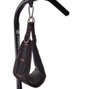 Black resistance band with red stitching hanging from a black bar on a white background