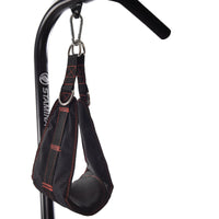 Black resistance band with red stitching hanging from a black bar on a white background