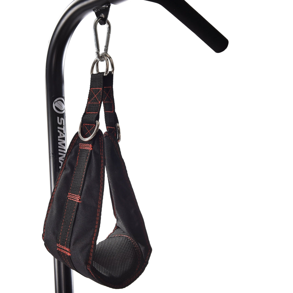 Black resistance band with red stitching hanging from a black bar on a white background