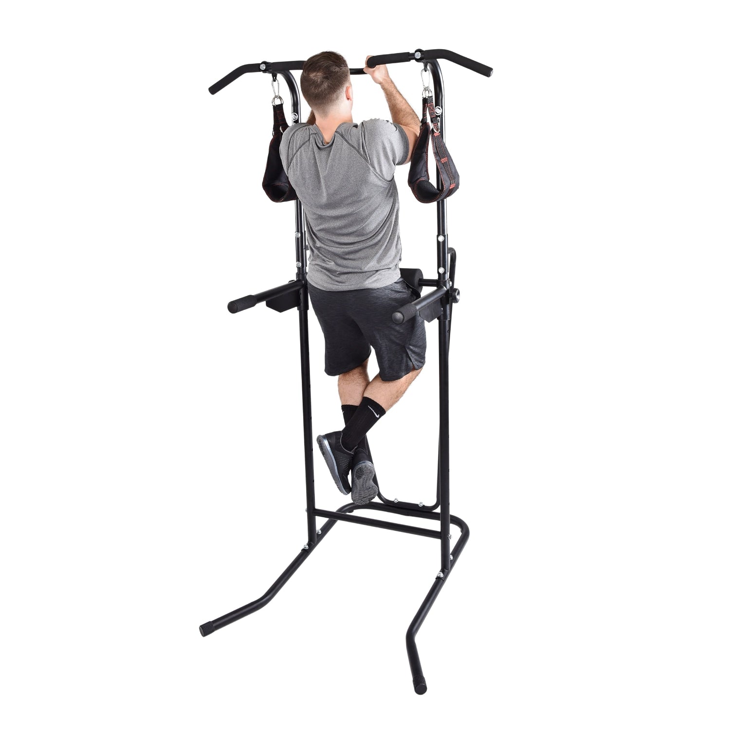 Person using a black pull-up bar and weight stand on a white background