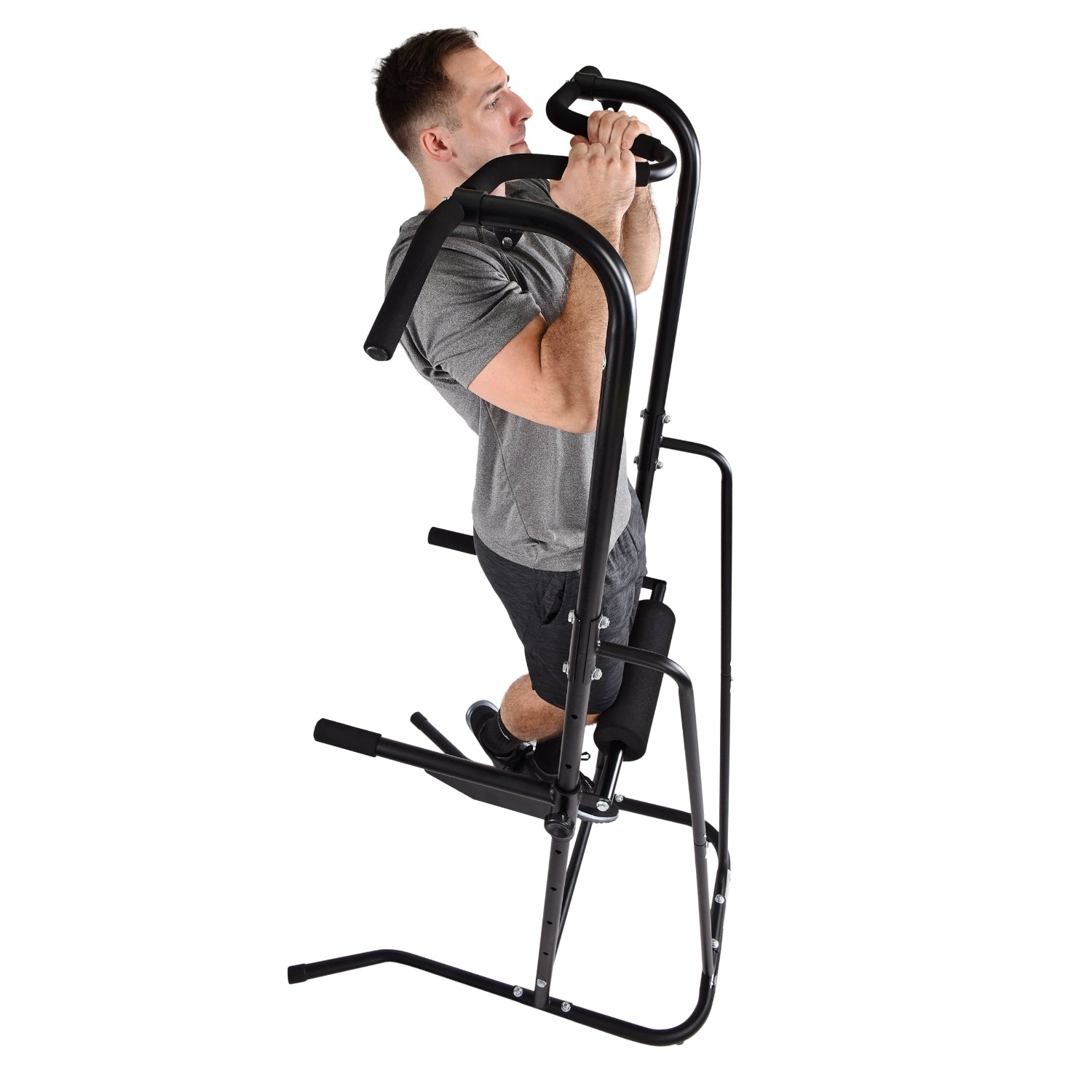 Man using a black Stamina Power Tower 1698 on a white background