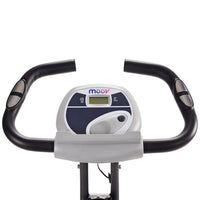Upright bike with digital display on a white background