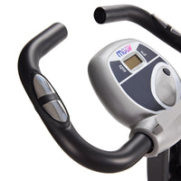 Close-up of a exercise bike handlebar with digital display on a white background